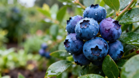 Bunch of plump, dark-blue blueberries is in focus on a plant. The background shows other blueberry bushes and green foliage, slightly out of focus.の写真素材