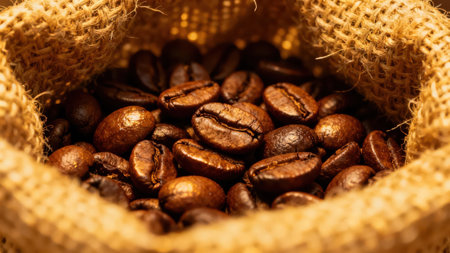 Detailed image of roasted coffee beans inside a woven burlap sack. The focus is on the rich brown beans, with the warm tones of the burlap sack as a background.の写真素材