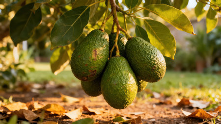 Cluster of avocados, with their bumpy green skins, is prominently displayed on a tree branch.の写真素材