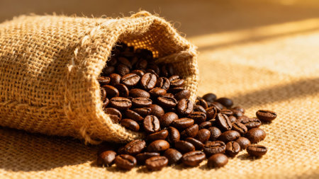View of a burlap sack filled with roasted coffee beans that have spilled onto a similar fabric surface, highlighting the natural tones and texture of the coffee and its container.の写真素材