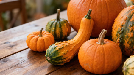 View of various gourds and pumpkins, in warm autumnal colors, arranged on a wooden table, perfect...