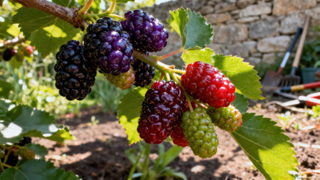 Branch laden with both black and red mulberries in a vibrant outdoor garden setting, showcasing the fresh, ripe berries.の写真素材