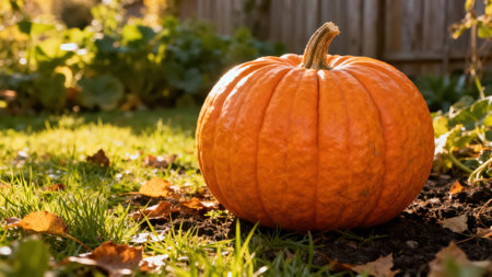 Large, ripe orange pumpkin sits on the dark soil of a garden bed, surrounded by autumn leaves and green grass.の写真素材
