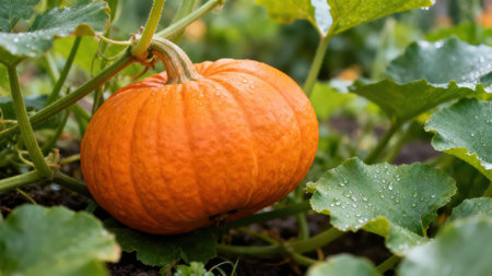 Single, ripe orange pumpkin is featured in a  shot, nestled among its green leaves and vines.の写真素材