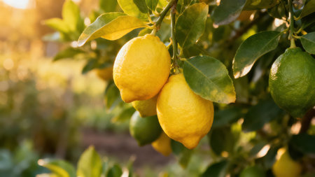 View of lemons and limes on a tree, illuminated by the warm glow of the setting sun.の写真素材