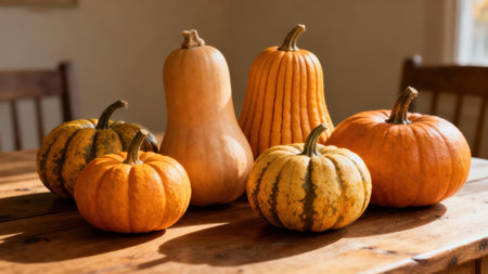 Several different types of pumpkins and gourds are arranged on a rustic wooden table, creating a...