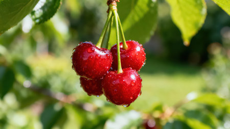 View of several ripe cherries, glistening with water droplets, hanging from a branch against a...