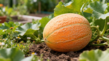 View of a cantaloupe in a home garden setting.  The melon is a rich orange color and has a bumpy...