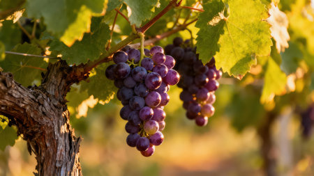 View of a grapevine with bunches of rich purple grapes. The image showcases the natural beauty and...