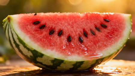 Image of a refreshing watermelon wedge, displaying its vibrant red flesh and dark seeds.  The slice...