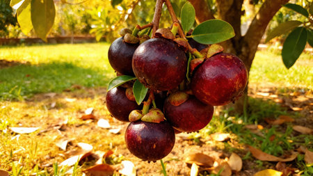 View of a bunch of mangosteens hanging from a tree branch, with the background of a lush green...