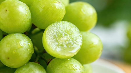 Image displays a bunch of fresh, vibrant green grapes.  Water droplets cling to the smooth skin, and...