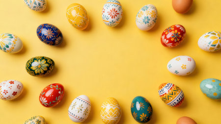 Collection of vibrantly colored, painted eggs with various floral and geometric designs are arranged in a circular pattern against a bright yellow background, creating an eye-catching Easter display.の写真素材