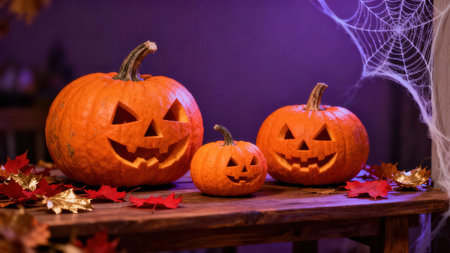 Three carved pumpkins, in varying sizes, are displayed on a wooden table.