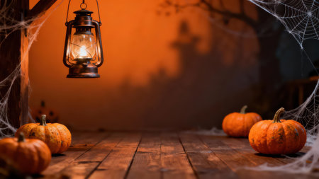 Still life composition featuring two small pumpkins resting on a wooden surface, illuminated by a...