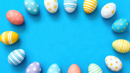 Circular arrangement of decorated eggs with various patterns and colors forms a frame against a...