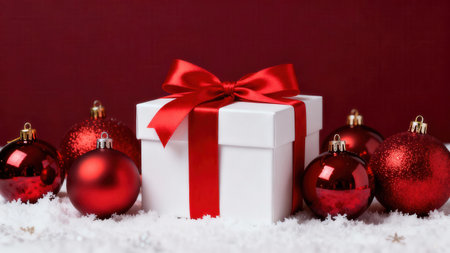 Decorative arrangement of a white gift box with a red ribbon, several shiny red Christmas ornaments,...
