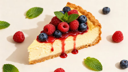 Of a single, beautifully presented slice of cheesecake is the focal point.  The cheesecake is topped with fresh raspberries and blueberries, and drizzled with a sweet, berry-flavored glaze.の写真素材