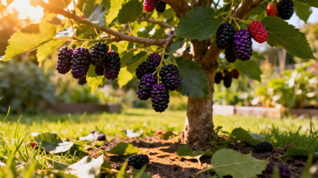 View of a small blackberry bush, bursting with dark purple and reddish blackberries. The sunlight illuminates the scene, creating a warm and inviting atmosphere.の写真素材