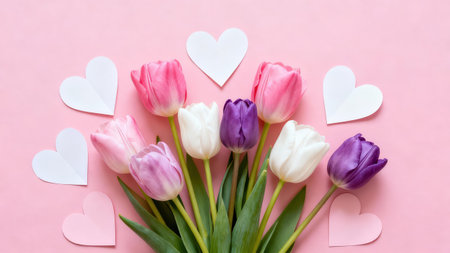 Delightful arrangement of pastel-colored tulips in various shades of pink, purple, and white, surrounded by decorative paper hearts, sits attractively against a soft pink backdrop.の写真素材