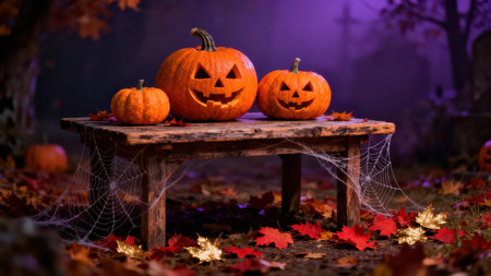Weathered wooden table, adorned with two jack-o'-lanterns, sits in a vibrant autumnal landscape.