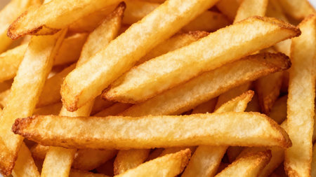 High-resolution  image captures a heap of perfectly cooked french fries, displaying their...
