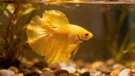 Captivating betta fish, displaying a stunning golden hue, gracefully swims within an aquarium...