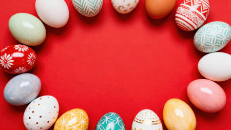 Colorful painted eggs are artfully arranged in a circular pattern against a striking red backdrop. The arrangement emphasizes the vibrant hues and designs of the eggs.の写真素材