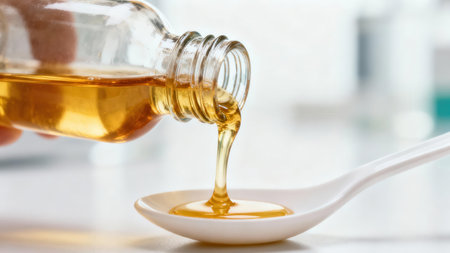 View of a clear glass bottle pouring a golden liquid onto a small, white spoon.