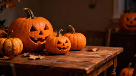Jack-o'-lanterns, varying sizes, sit on a rustic wooden table, with autumn leaves scattered about. The warm lighting creates a cozy ambiance, perfect for Halloween.の写真素材