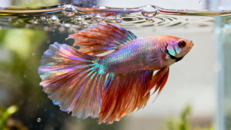Of a betta fish in a home aquarium, with its flowing, iridescent fins and vibrant hues.の写真素材