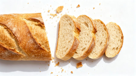 Loaf of bread, sliced into several pieces, sits atop a plain white surface, illuminated by natural...