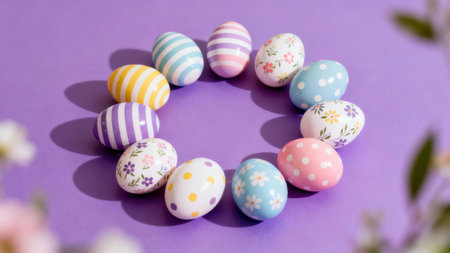 Decorated Easter eggs in various pastel colors are arranged in a circle against a soft purple...