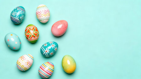 Vibrant display of variously decorated Easter eggs, showcasing a variety of colors and patterns....