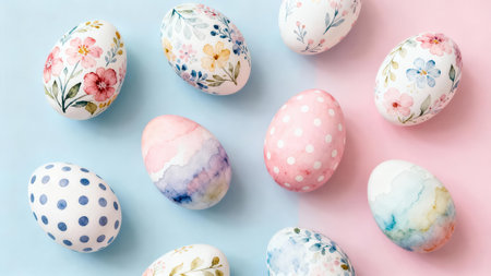 Top-down view showcases a collection of Easter eggs, decorated with delicate floral and polka dot patterns using watercolor techniques.の写真素材
