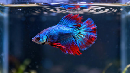 Captivating  view of a betta fish with brilliant blue and crimson fins in a clear tank.  The fish's...