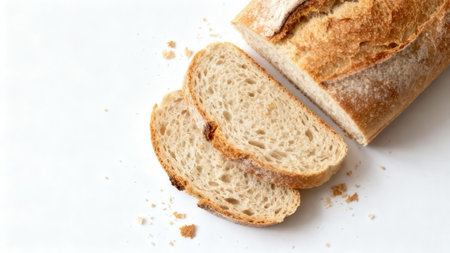 Delectable loaf of bread is artistically sliced, revealing its textures and colors against a simple white backdrop.  Crumbs are scattered gently around the slices.の写真素材
