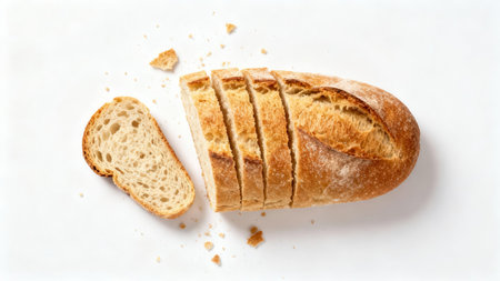 Long loaf of bread, sliced into several sections, is displayed on a white background.  Crumbs are...