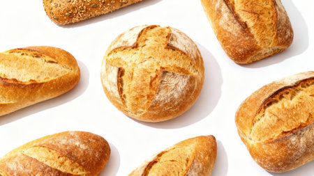 Collection of assorted bread loaves, each with a distinct shape and crust, arranged in a geometric...