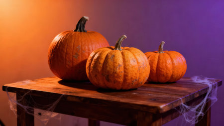Simple yet evocative still life composition.  Three pumpkins, varying in size, sit on a wooden table, creating a cozy, autumnal scene.の写真素材