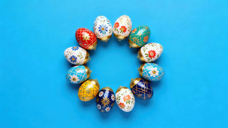 Collection of intricately decorated eggs forms a circular frame against a bright, solid blue background.の写真素材