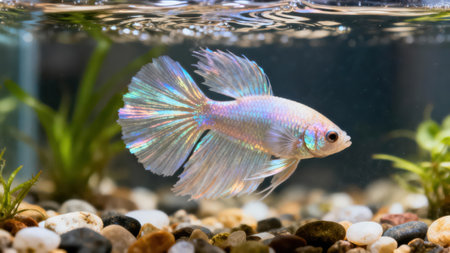 Serene betta fish, showcasing its iridescent scales and flowing fins, is captured in an indoor...