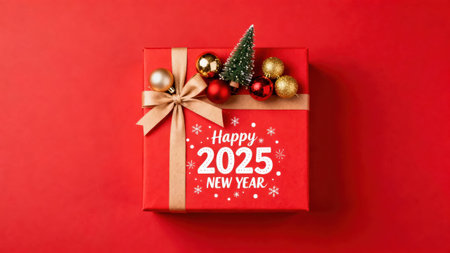 Red gift box with gold ribbon and New Year's decorations, such as small Christmas trees and balls,...