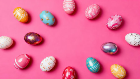 Flat lay of various decorated eggs in different colors and patterns on a hot pink background.  The design evokes a playful and joyful spring celebration.の写真素材