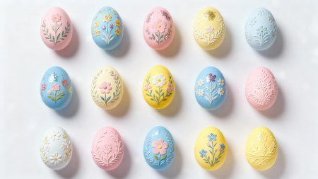 Vibrant display of Easter eggs, each egg carefully painted with delicate floral patterns in a variety of pastel hues against a bright white background.の写真素材