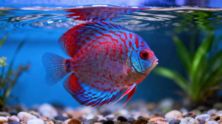 Captivating  of a fish, showcasing its vibrant red and blue patterned scales, gracefully swimming within a clear aquarium filled with water.の写真素材