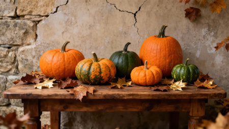Collection of pumpkins in varying colors sits on a wooden table amidst autumnal foliage.