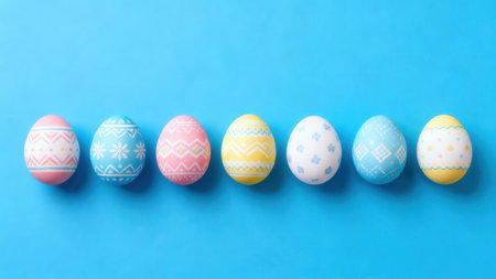 Horizontal arrangement of decorated eggs in pastel colors, showcasing simple patterns against a...