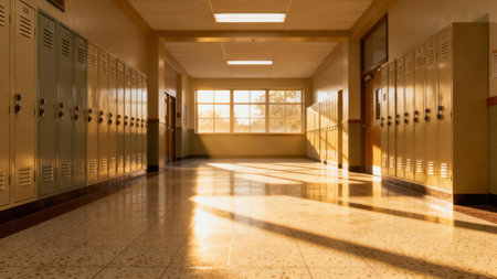 Polished tiled floor reflecting the bright, setting sun streaming through the distant windows of an empty institutional corridor flanked by long rows of closed metal storage lockers.の素材
