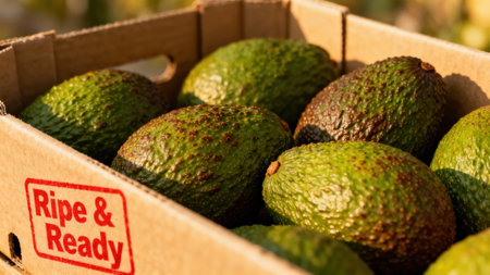 View of dark green textured Hass avocados packed tightly inside a brown cardboard crate, showing the "Ripe & Ready" label and strong warm daylight reflections.の素材